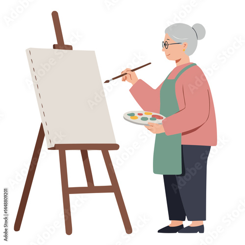 Retired woman painting canvas - passionate senior creating oil painting, her wise hands confidently applying brushstrokes in cozy home art studio.