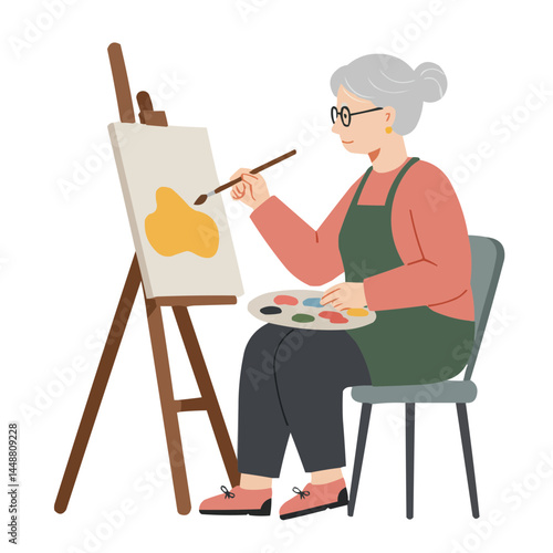Retired woman painting canvas - passionate senior creating oil painting, her wise hands confidently applying brushstrokes in cozy home art studio.