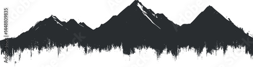 Black and white silhouette of a mountain range with forest trees below and snowy peaks