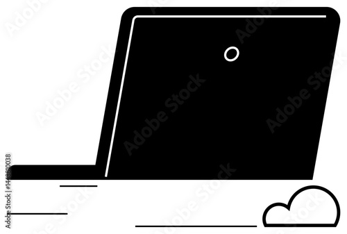 Black laptop with motion lines and a cloud icon hinting at cloud computing and digital mobility. Ideal for technology, remote work, innovation, cloud storage, connectivity, IT solutions, and minimal