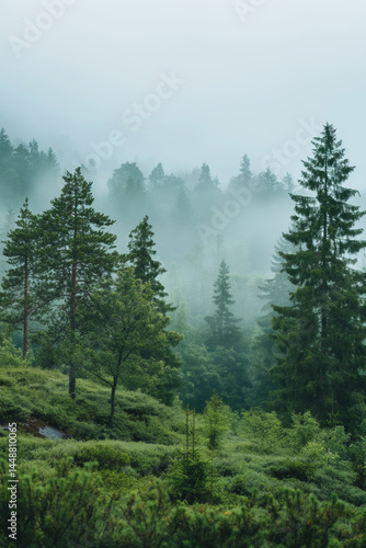 Wallpaper Mural Misty evergreen forest landscape with pine trees. Nature and tranquility concept. Torontodigital.ca
