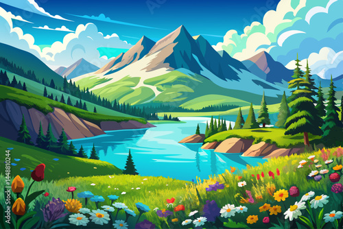 vector of A beautiful mountain lake with clear blue water surrounded by lush green hills and vibrant wild flowers under a clear blue sky with fluffy white...