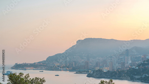 Cityscape of Monte Carlo day to night timelapse, Monaco after summer sunset.