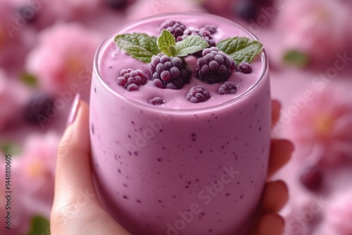 Blackberry smoothie with mint garnish held in hand against a floral background