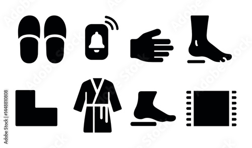 Home comfort solid icons set – flat style living, relaxation, and interior symbols for cozy spaces: slippers, doorbell, hand, foot, chair, robe, towel, footrest.