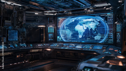 Futuristic command center with global map on digital display. Sci-fi control room concept.