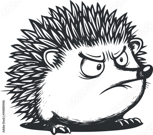 Black and white cartoon illustration of an angry hedgehog with spiky fur and grumpy expression.