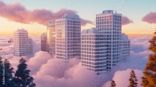 Modern skyscrapers rising above clouds at colorful sunrise