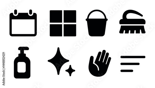 Home cleaning silhouette icons set – solid style household, sanitation, and hygiene symbols for organizing: calendar, cleaning solution, bucket, brush, sparkle, hand, list