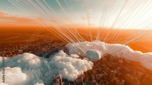 Futuristic sphere emitting rays above cityscape in orange sunset