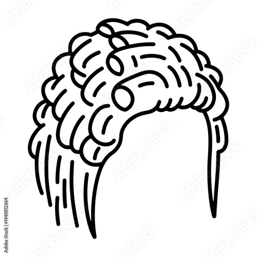 Curly hairstyle with perm texture in black and white line art  