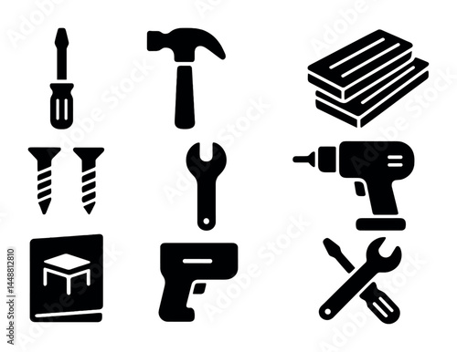 Diy and home improvement solid icon set – silhouette style repair, renovation, and construction symbols for project planning: hammer, screwdriver, wrench, drill, nails, wood, manual