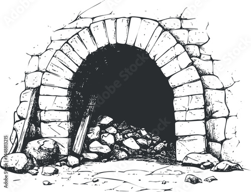 Illustration of a dark stone cave entrance with an arched archway and scattered rocks at the opening