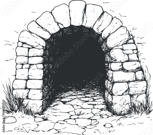 Black and white sketch of an old stone archway entrance leading to a dark tunnel with cobblestone path