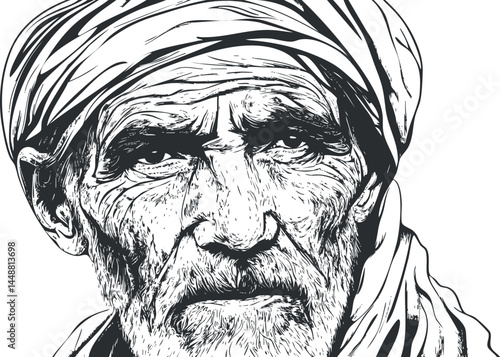 Closeup black and white sketch of an elderly man with a turban and detailed wrinkles
