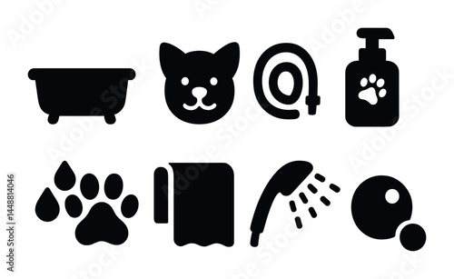 Pet care and grooming solid icons – filled style animal, hygiene, and wellness symbols for pet lovers: bathtub, cat face, hose, shampoo, paw print, towel, showerhead, toy.
