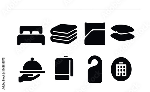 Hotel services solid icons set – filled style hospitality, accommodation, and amenities symbols for travel planning: bed, towels, blanket, pillows, room service, do not disturb, hotel.