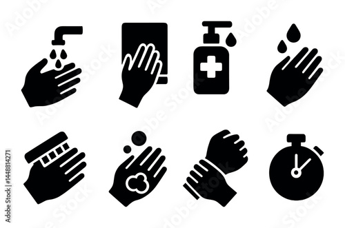 Hygiene silhouette icons set – solid style for health, cleanliness, and safety: hand washing, sanitizer bottle, soap bar, towel, stopwatch, water droplets, scrubbing hands
