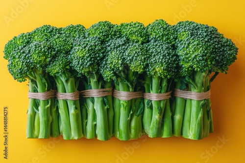 Bundled broccoli florets arranged on a yellow backdrop tied with twine Fresh produce