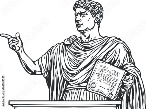 Black and white illustration of an ancient Roman orator holding a scroll and gesturing during a speech.