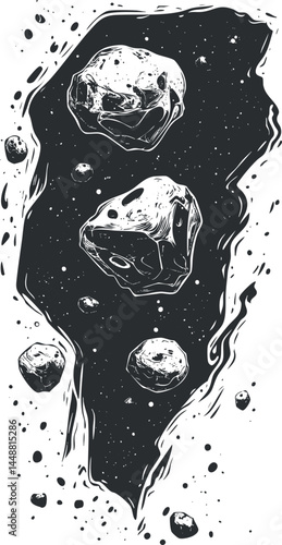 Black and white illustration of asteroids floating in space surrounded by stars and cosmic debris