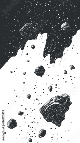 Black and white illustration of asteroids floating in outer space with starry background