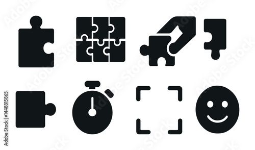 Puzzle and problem-solving icons set – filled style creativity, challenge, and solution symbols for cognitive development: puzzle piece, stopwatch, smiley face, hand, jigsaw.