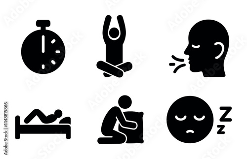 Sleep and relaxation solid icons set – silhouette style meditation, rest, and mindfulness symbols for wellness: stopwatch, yoga, breathing, bed, pillow, sleep, snooze.