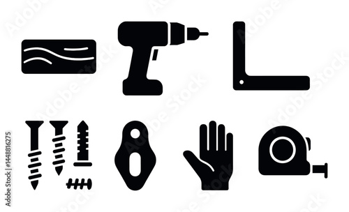 Diy handyman tools icon set – solid style for home improvement, repair, and construction projects: drill, tape measure, level, screws, saw, wrench, safety gear