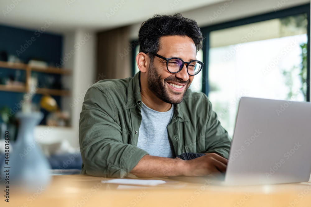 Happy hispanic man working on laptop at home
Happy hispanic man working on laptop at home