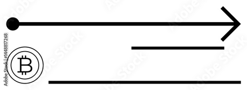 Bitcoin symbol next to a straight line ending in a forward arrow, representing cryptocurrency transactions. Ideal for blockchain, finance, growth, exchange, fintech, innovation technology. Flat