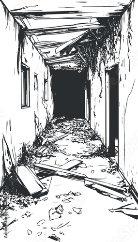 Black and white illustration of a narrow abandoned hallway filled with debris and broken wooden planks