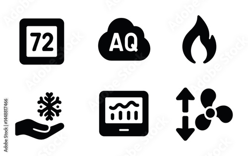 Climate control icon set – solid style hvac symbology for indoor comfort: temperature, air quality, flame, cooling, display, ventilation