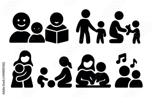 Parenting and family solid icons set – silhouette style childcare, education, and nurturing symbols for family planning: storytelling, playtime, teaching, music, bonding.