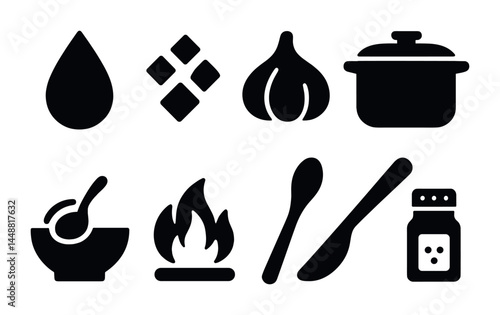 Cooking and kitchen silhouette icon set – solid style culinary, food preparation, and cooking tools for chef enthusiasts: drop, dice, garlic, pot, bowl, fire, spoon, pepper