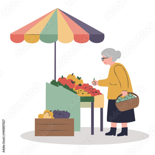 Senior woman at market - smiling elderly woman selecting fresh produce at bustling marketplace surrounded by colorful fruits.