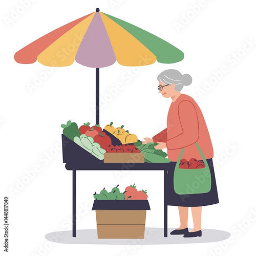 Senior woman at market - smiling elderly woman selecting fresh produce at bustling marketplace surrounded by colorful fruits.