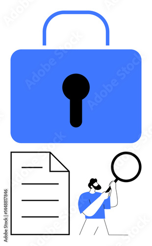 Large blue lock, document with lines, person holding magnifying glass examining. Ideal for data protection, privacy, investigation, compliance, cybersecurity, secure access information analysis