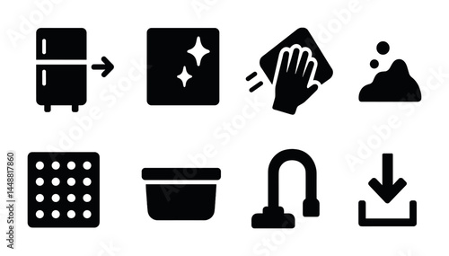 Home cleaning solid icon set – flat style household, sanitation, and maintenance symbols for domestic hygiene: refrigerator, tiles, cleaning cloth, detergent, sponge, container, sink, trash