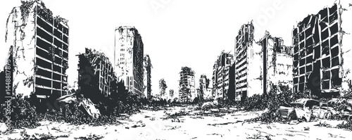 Black and white illustration of a post-apocalyptic cityscape with ruined and abandoned buildings