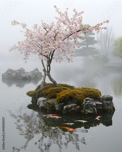Cherry tree on mossy island with koi fish in misty pond