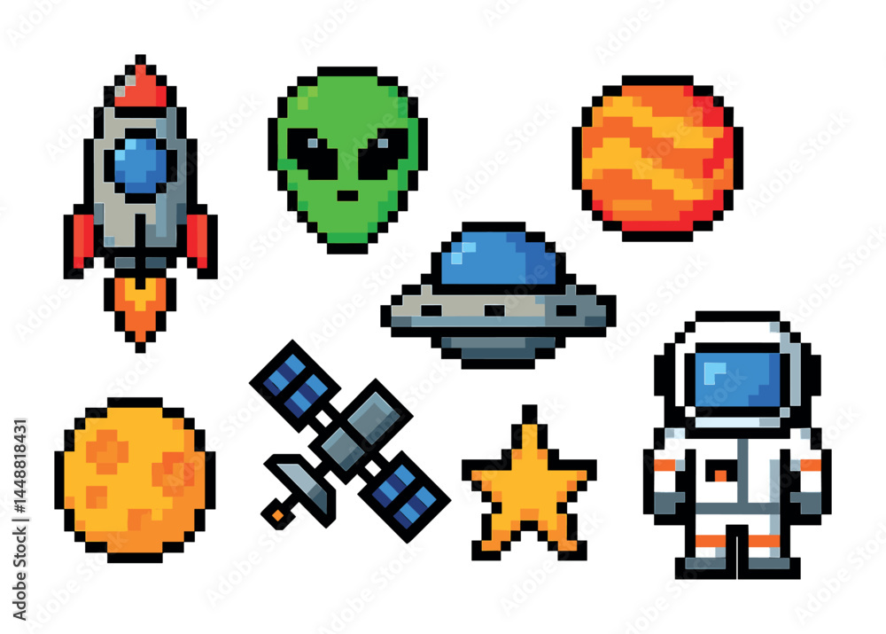 Fototapeta premium Space exploration pixel art icons: retro sci-fi, galactic adventure symbols for tech projects - rocket, alien, planet, ufo, satellite, astronaut, star