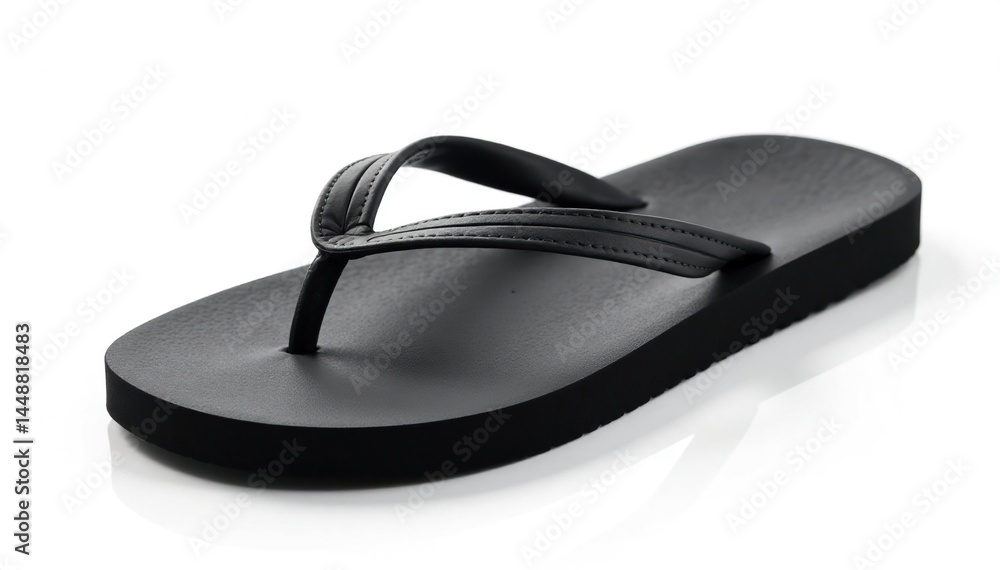 Single black flip-flop on white background, sole detail visible , rubber, sandal, beach Single black flip-flop on white background, sole detail visible , rubber, sandal, beach
