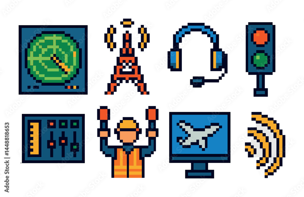 Aviation pixel art icons set – retro style air travel, communication, and navigation symbols: radar, control tower, headset, traffic light, signal, airplane monitor, radar wave. Aviation pixel art icons set – retro style air travel, communication, and navigation symbols: radar, control tower, headset, traffic light, signal, airplane monitor, radar wave.