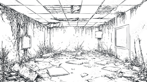Abandoned and dilapidated room interior with peeling walls, broken ceiling tiles, overgrown plants, and scattered debris on the floor