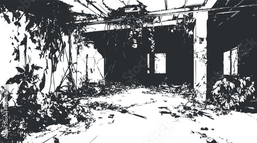 Black and white image of an abandoned building interior with overgrown plants and vines showing urban decay.