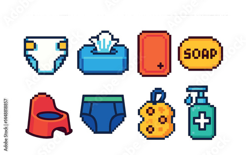 Baby care pixel art icons set – isometric style newborn essentials, parenting, and hygiene symbols: diaper, wipes, soap, potty, training pants, sponge, sanitizer