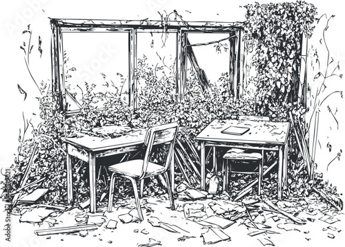 Abandoned indoor workspace with desks and chairs overgrown by ivy and scattered papers