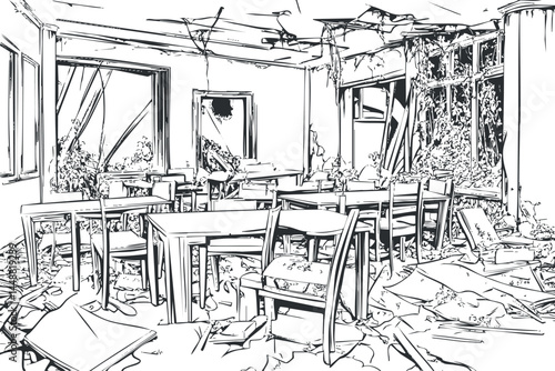 Abandoned and destroyed room with broken furniture, debris, and decay showing severe neglect and disrepair