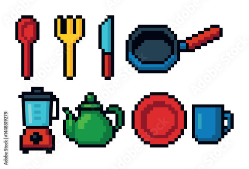 Kitchen utensils pixel art icons set – retro cooking, home ware, and culinary design: spoon, fork, knife, frying pan, blender, teapot, plate, mug
